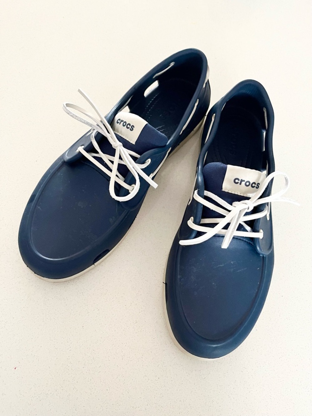 Crocs Men's White Laces Navy Classic Boat Shoes Size 12